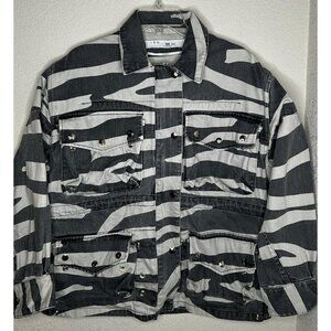 IRO Jacket Womens 38 Black White Zebra Print Utility Cargo Pockets Denim